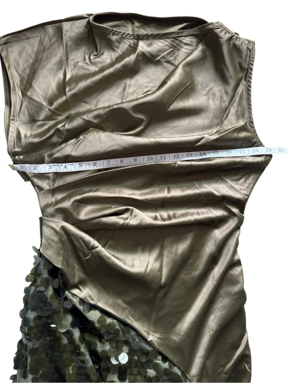 Violet Aurora Olive Green Sequin Satin High Slit Formal Gown Size L NWT - Picture 8 of 11